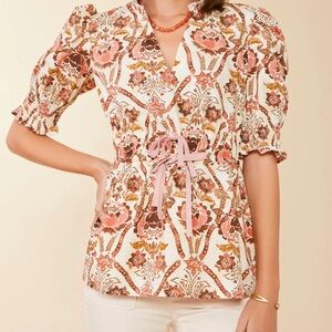Tatum Blouse Mystic Moss Stencil Coral